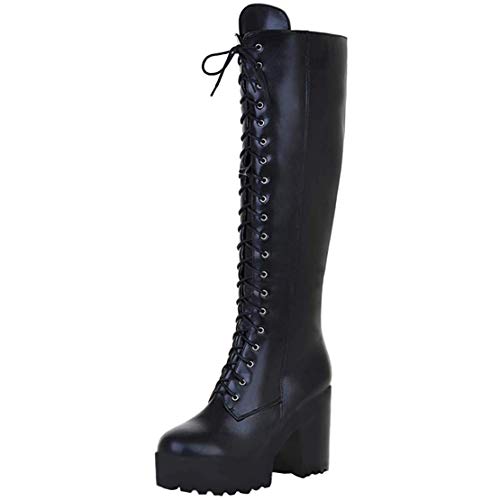 Blockabsatz High Heels Plateau Stiefel mit Schnürung und 10cm Absatz Winter Damenschuhe(Schwarz,41) von MISSUIT