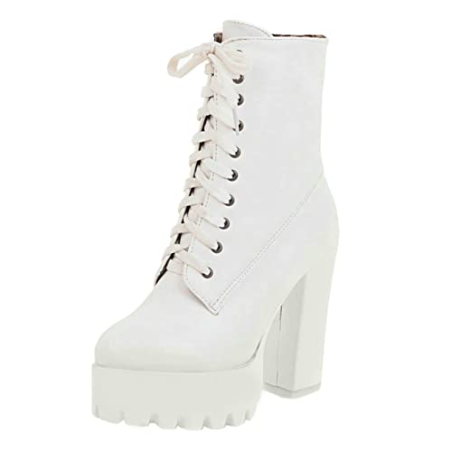 MISSUIT Damen Blockabsatz Ankle Boots Plateau High Heels Stiefeletten Schnürung Kurzschaft Stiefel(Weiß,38) von MISSUIT