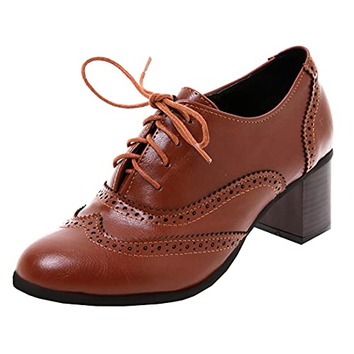 MISSUIT Damen Blockabsatz High Heels Pumps mit Schnürung und 6cm Absatz Elegant Kleid Brogues Schuhe(Braun2,35) von MISSUIT