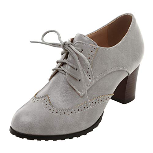 MISSUIT Damen Blockabsatz High Heels Pumps mit Schnürung und 6cm Absatz Elegant Kleid Brogues Schuhe(Grau,40) von MISSUIT