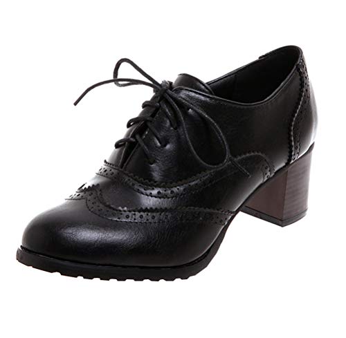 MISSUIT Damen Blockabsatz High Heels Pumps mit Schnürung und 6cm Absatz Elegant Kleid Brogues Schuhe(Schwarz2,35) von MISSUIT