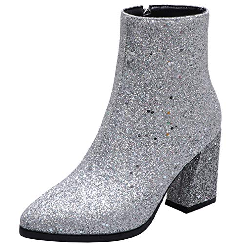 MISSUIT Damen Blockabsatz High Heels Stiefeletten mit Glitzer und 9cm absatz Spitze Ankle Boots Herbst Winter Schuhe(Silber,36) von MISSUIT