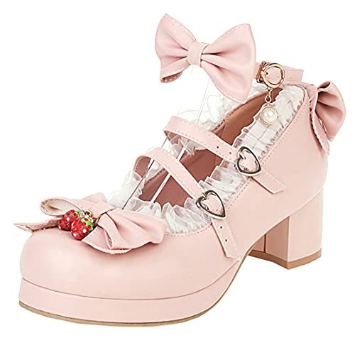 MISSUIT Damen Blockabsatz Mary Jane Riemchen Pumps mit Plateau Chunky Heels Pumps Schleife(Pink,44) von MISSUIT