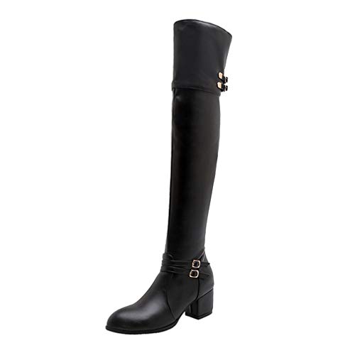 MISSUIT Damen Blockabsatz Overknee Stiefel mit Schnallen und Reißverschluss Boots Schlupfstiefel Langschaftstiefel Herbst Winter Schuhe(Schwarz,44) von MISSUIT
