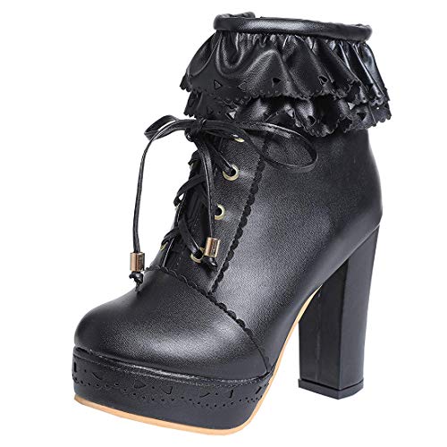 MISSUIT Damen Blockabsatz Plateau High Heels Stiefeletten mit Schnürung und Reißverschluss Ankle Boots Schuhe(Schwarz,45) von MISSUIT