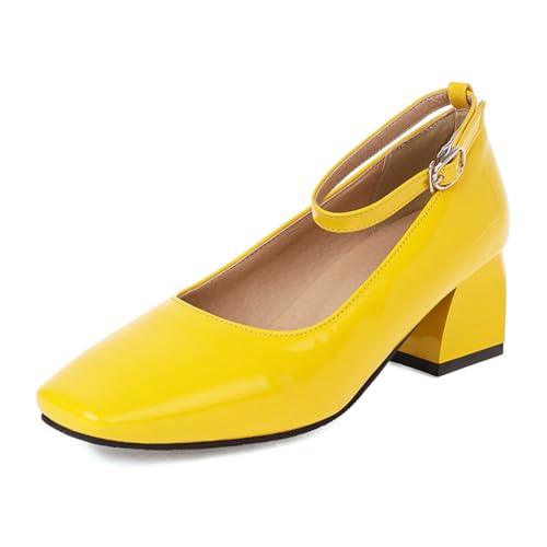 MISSUIT Damen Blockabsatz Pumps Lack Knöchelriemen(Gelb,43) von MISSUIT