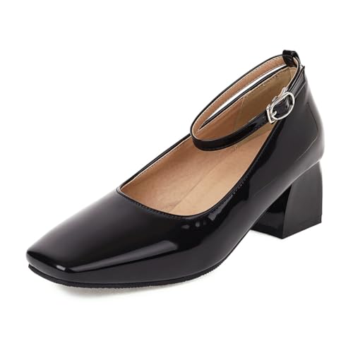 MISSUIT Damen Blockabsatz Pumps Lack Knöchelriemen(Schwarz,37) von MISSUIT