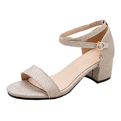 MISSUIT Damen Blockabsatz Sandaletten mit Glitzer Chunky Heels Sandalen Riemchen 5cm Absatz Sommer Schuhe(Gold,43) von MISSUIT