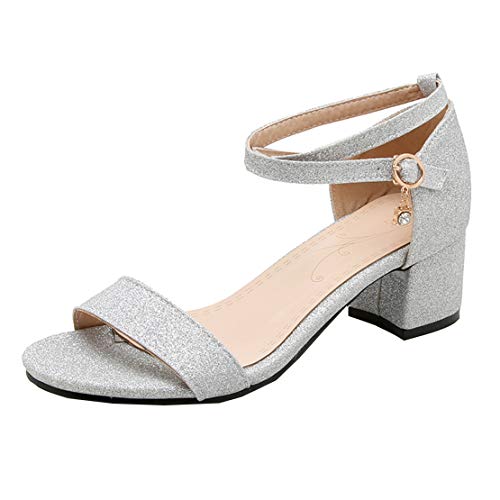 MISSUIT Damen Blockabsatz Sandaletten mit Glitzer Chunky Heels Sandalen Riemchen 5cm Absatz Sommer Schuhe(Silber,40) von MISSUIT