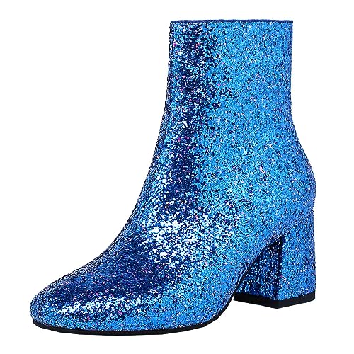 MISSUIT Damen Chunky Heels Ankle Boots Glitzer Stiefeletten mit Blockabsatz und Reißverschluss 6cm Absatz Pailletten Schuhe(Blau,34) von MISSUIT