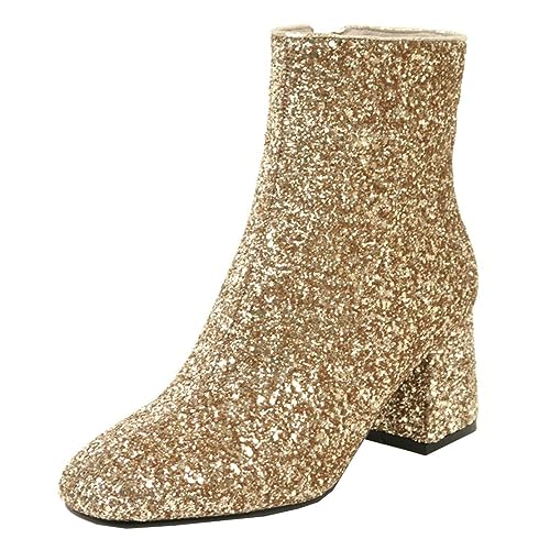 MISSUIT Damen Chunky Heels Ankle Boots Glitzer Stiefeletten mit Blockabsatz und Reißverschluss 6cm Absatz Pailletten Schuhe(Gold,35) von MISSUIT