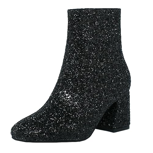 MISSUIT Damen Chunky Heels Ankle Boots Glitzer Stiefeletten mit Blockabsatz und Reißverschluss 6cm Absatz Pailletten Schuhe(Schwarz,38) von MISSUIT