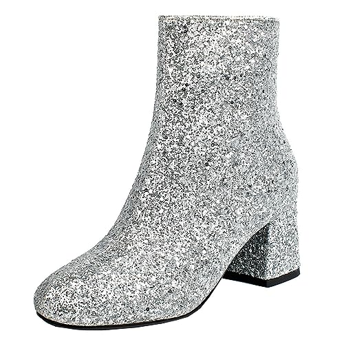 MISSUIT Damen Chunky Heels Ankle Boots Glitzer Stiefeletten mit Blockabsatz und Reißverschluss 6cm Absatz Pailletten Schuhe(Silber,40) von MISSUIT
