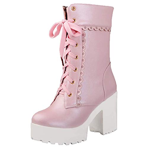 MISSUIT Damen Chunky Heels Ankle Boots mit Schnürung Blockabsatz High Heels Stiefeletten Schnüren Plateau Schuhe(Pink,41) von MISSUIT