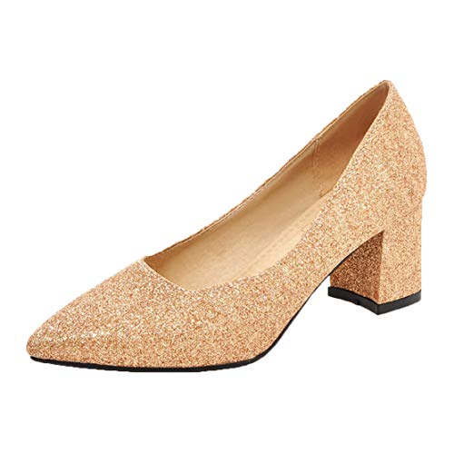 MISSUIT Damen Chunky Heels Pumps mit Blockabsatz High Heels Spitz Glitzer Braut Hochzeitsschuhe(Gold,39) von MISSUIT