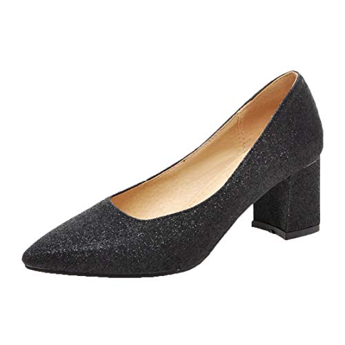 MISSUIT Damen Chunky Heels Pumps mit Blockabsatz High Heels Spitz Glitzer Braut Hochzeitsschuhe(Schwarz,37) von MISSUIT