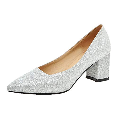 MISSUIT Damen Chunky Heels Pumps mit Blockabsatz High Heels Spitz Glitzer Braut Hochzeitsschuhe(Silber,38) von MISSUIT