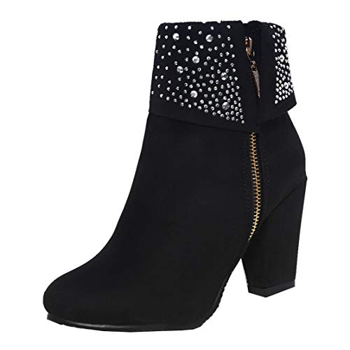 MISSUIT Damen Chunky High Heels Ankle Boots Blockabsatz Stiefeletten mit Strass Glitzer Reißverschluss Stiefel(Schwarz,39) von MISSUIT