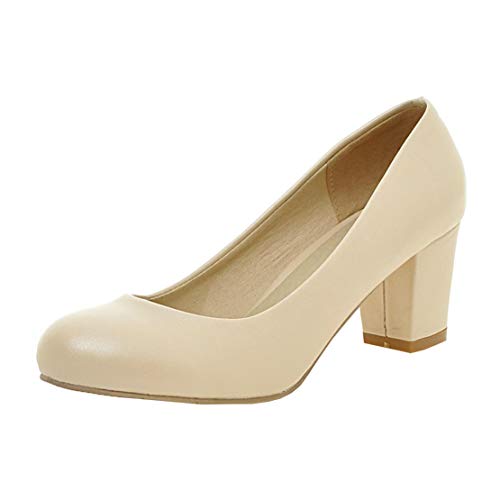 MISSUIT Damen Chunky High Heels Blockabsatz Pumps Geschlossene 6cm Absatz Slip on Schuhe(Beige,38) von MISSUIT