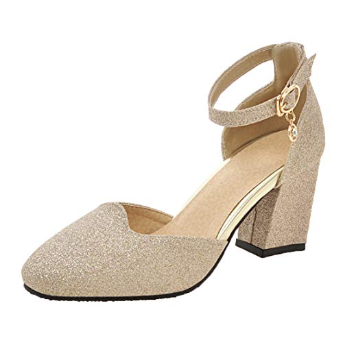 MISSUIT Damen Chunky High Heels Glitzer Pumps mit Riemchen und Blockabsatz Hochzeit Brautschuhe(Gold,37) von MISSUIT