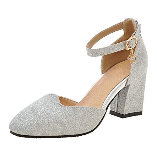 MISSUIT Damen Chunky High Heels Glitzer Pumps mit Riemchen und Blockabsatz Hochzeit Brautschuhe(Silber,40) von MISSUIT