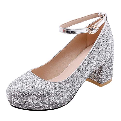 MISSUIT Damen Chunky High Heels Pumps mit Riemchen Glitzer und Blockabsatz Brautschuhe(Silber,41) von MISSUIT