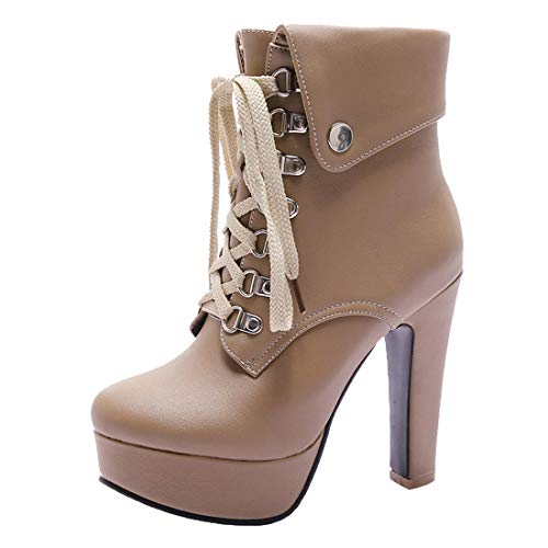 MISSUIT Damen Chunky Plateau High Heels Stiefeletten mit Schnürung und Bockabsatz Ankle Boots 12cm Absatz Schuhe(Aprikose,37) von MISSUIT