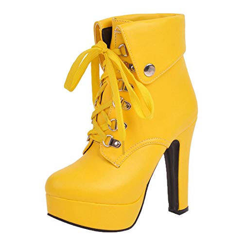 MISSUIT Damen Chunky Plateau High Heels Stiefeletten mit Schnürung und Bockabsatz Ankle Boots 12cm Absatz Schuhe(Gelb,38) von MISSUIT