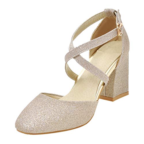 MISSUIT Damen Cross Straps High Heels Pumps Knöchelriemchen Blockabsatz Glitzer Brautschuhe Hochzeit(Gold,39) von MISSUIT