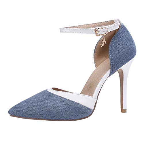 MISSUIT Damen Denim High Heels Pumps Jeans Stiletto Spitze Pumps mit Pfennigabsatz und Riemchen Schuhe(Hellblau,37) von MISSUIT