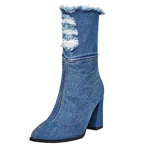 MISSUIT Damen Denim Kurzschaft Stiefel Jeans Cut Out Stiefeletten Spitz mit Blockabsatz High Heels Stiefel Reißverschluss(Dunkelblau,37) von MISSUIT