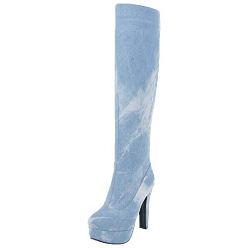 MISSUIT Damen Denim Plateau Stiefel High Heels Kniehoch Jeans Boots Kniehohe Stiefel mit Blockabsatz und Reißverschluss Schuhe(Hellblau,42) von MISSUIT