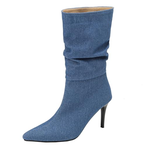 MISSUIT Damen Denim Slouchy Stiefeletten Stiletto Ankle Boots Spitz Halbstiefel High Heels Halbschaft Stiefel Schuhe(Blau,39) von MISSUIT