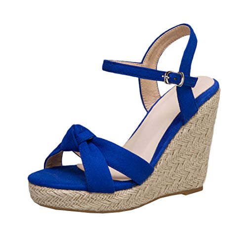 MISSUIT Damen Espadrilles Wedges High Heels Riemchen Sandaletten mit Keilabsatz Plateau Offene Zehen Sommer Schuhe(Blau,38) von MISSUIT