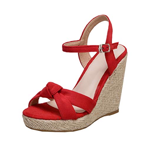 MISSUIT Damen Espadrilles Wedges High Heels Riemchen Sandaletten mit Keilabsatz Plateau Offene Zehen Sommer Schuhe(Rot,35) von MISSUIT