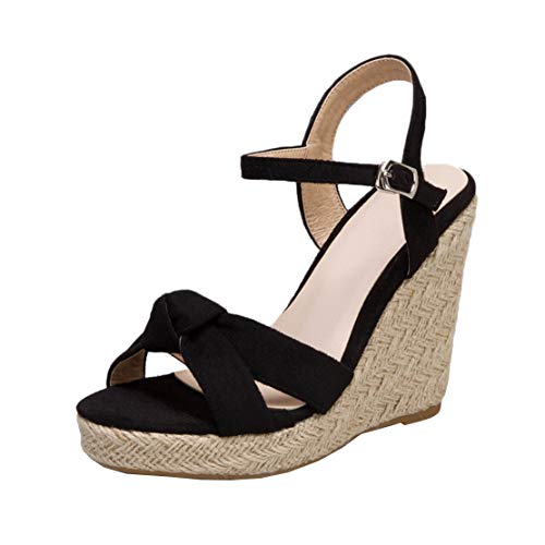 MISSUIT Damen Espadrilles Wedges High Heels Riemchen Sandaletten mit Keilabsatz Plateau Offene Zehen Sommer Schuhe(Schwarz,34) von MISSUIT