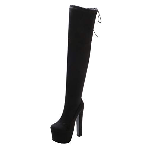 MISSUIT Damen Extrem Plateau High Heels Overkneestiefel mit Blockabsatz und Schnürung Reißverschluss Hohe Stiefel(Schwarz,39) von MISSUIT