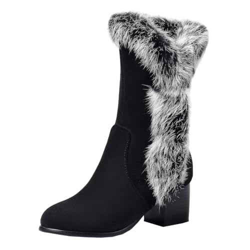 MISSUIT Damen Fell Stiefeletten Winterstiefel Warm Gefüttert Blockabsatz Halbschaft Stiefel High Heels Reißverschluss Schuhe(Schwarz,38) von MISSUIT