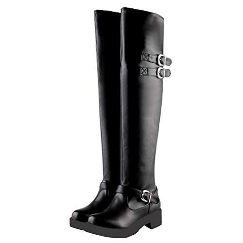 Damen Flache Overknee Stiefel Plateau Langschaft Boots mit Schnallen Winter Schuhe(Schwarz,34) von MISSUIT