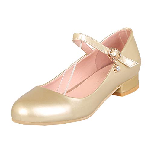 MISSUIT Damen Flache Pumps mit Riemchen Mary Jane Lack Schuhe Round Toe Geschlossen(Gold,37) von MISSUIT