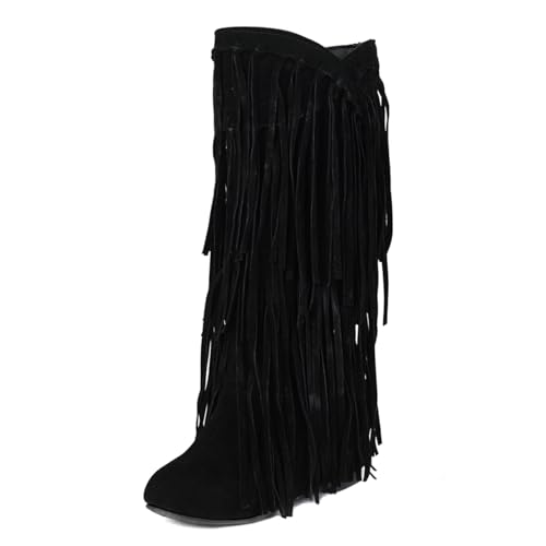 MISSUIT Damen Flache Stiefel mit Fransen Wildleder Kniehohe Stiefel(Schwarz,38) von MISSUIT