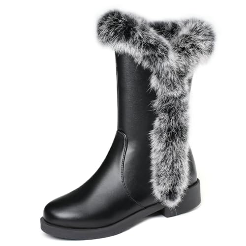 MISSUIT Damen Flache Stiefeletten mit Fell Gefüttert Warm Winterstiefel Halbschaft Stiefel Reißverschluss Winterschuhe(Schwarz,43) von MISSUIT