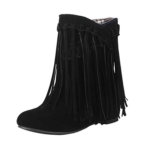 MISSUIT Damen Flache Stiefeletten mit Fransen Ankle Boots Retro Herbst Winter Schuhe(Schwarz,35) von MISSUIT