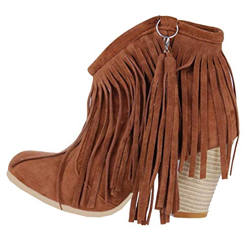 MISSUIT Damen Fransen Stiefeletten mit Blockabsatz Ankle Boots 8cm Absatz Winter Schuhe (Braun,37) von MISSUIT