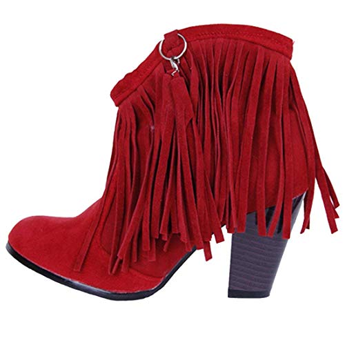 MISSUIT Damen Fransen Stiefeletten mit Blockabsatz Ankle Boots 8cm Absatz Winter Schuhe (Rot,39) von MISSUIT