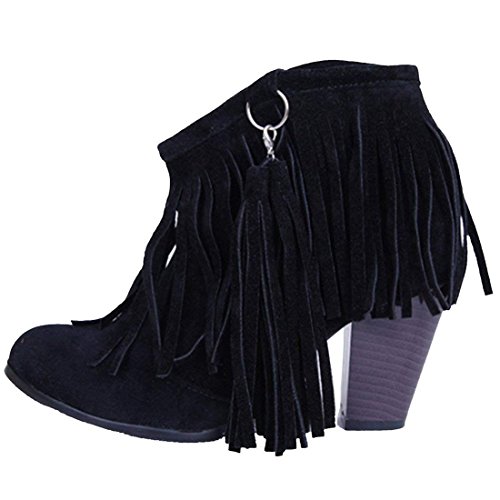MISSUIT Damen Fransen Stiefeletten mit Blockabsatz Ankle Boots 8cm Absatz Winter Schuhe (Schwarz,42) von MISSUIT