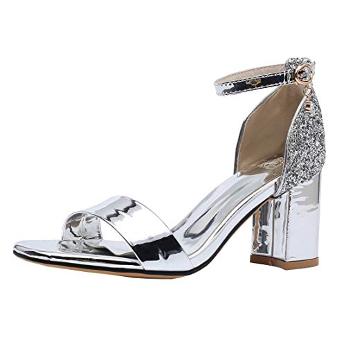 MISSUIT Damen Glitzer High Heels Blockabsatz Sandaletten Lack Sandalen mit Riemchen und 7cm Absatz Sommer Offene Schuhe(Silber,34) von MISSUIT