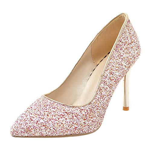 MISSUIT Damen Glitzer High Heels Spitz Stiletto Pumps 9cm Absatz Braut Hochzeitsschuhe Ohne Verschluss(Pink,37) von MISSUIT