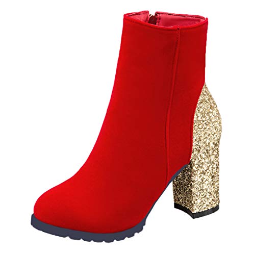 MISSUIT Damen Glitzer High Heels Stiefeletten mit Blockabsatz und Reißverschluss Chunky Heels Ankle Boots Pailletten(Rot,39) von MISSUIT