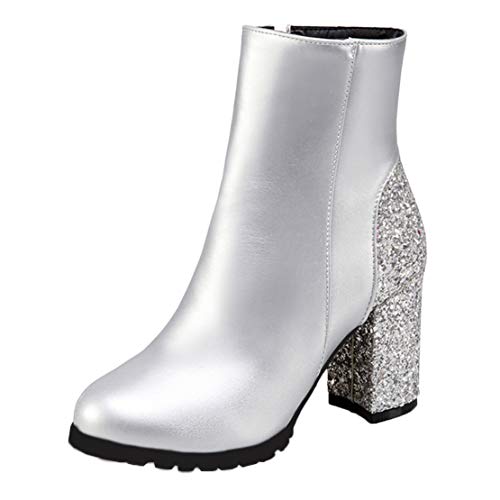 MISSUIT Damen Glitzer High Heels Stiefeletten mit Blockabsatz und Reißverschluss Chunky Heels Ankle Boots Pailletten(Silber,37) von MISSUIT